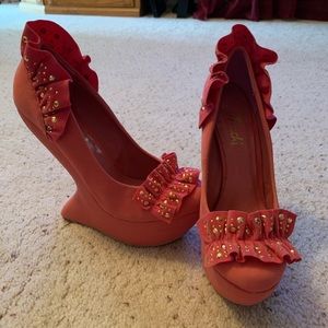 Peach Ruffle Lady Gaga Cut Out Wedge Heels